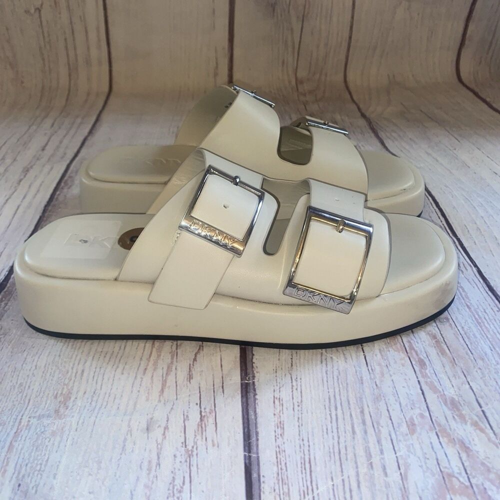 DKNY Leocadia Womens 8 Cream Double Strap Platform Slide Sandals